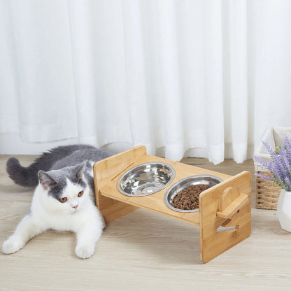 Height‑Adjustable Wooden Raised Cat Bowls – Bamboo Stand with Stainless Steel Dishes.