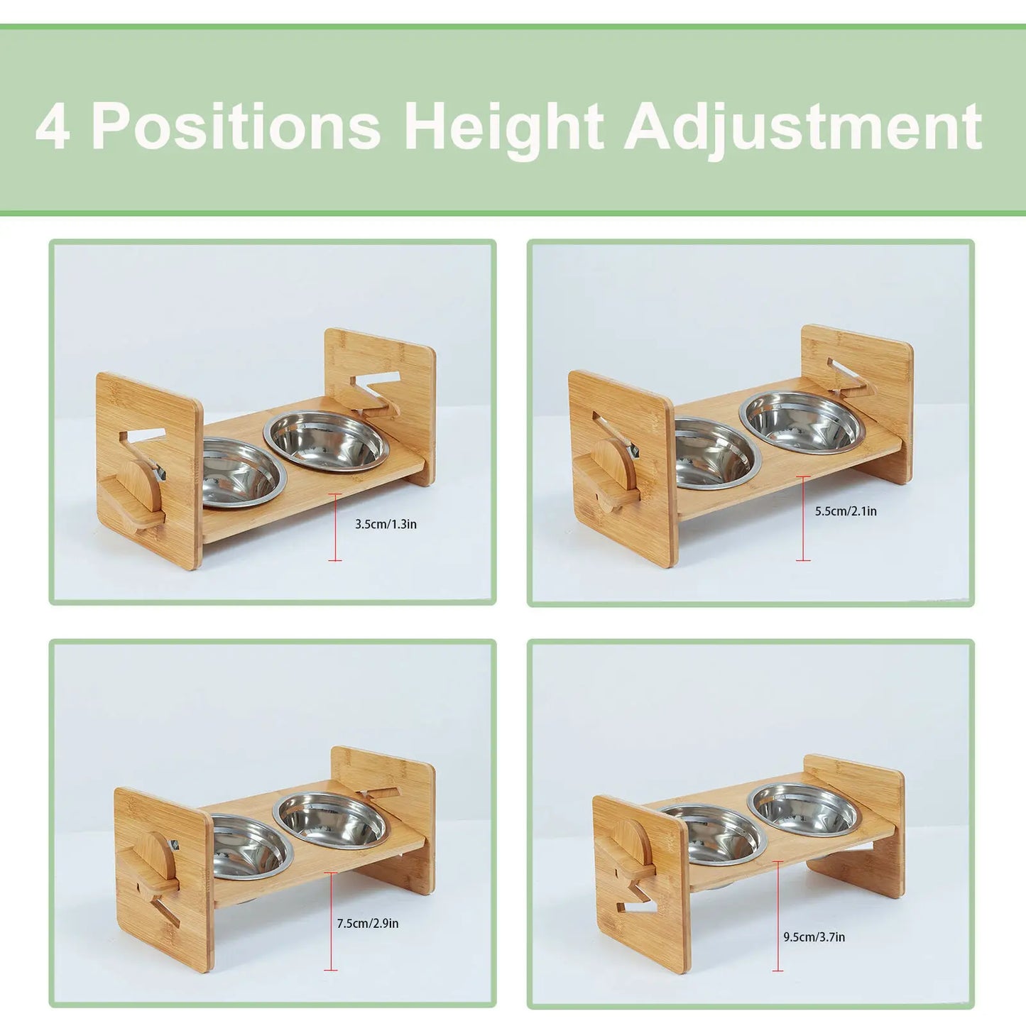 Height‑Adjustable Wooden Raised Cat Bowls – Bamboo Stand with Stainless Steel Dishes.