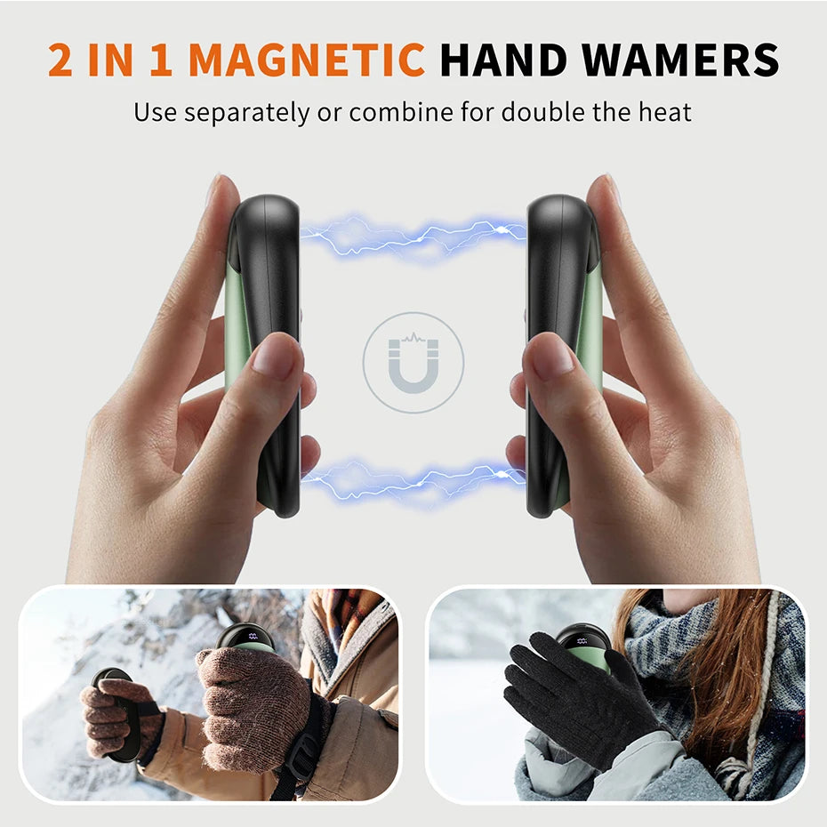 2-in-1 Rechargeable Magnetic Hand Warmers – 2 Pack with Digital Display | Smart Winter Comfort for Commuting, Sports, and Gifting.
