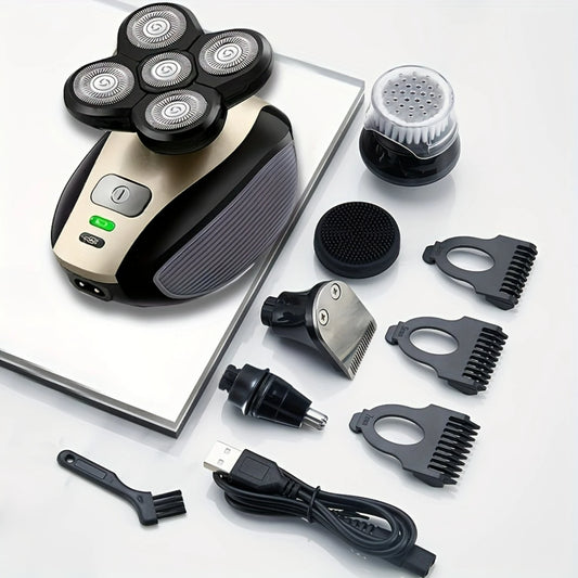 Ergonomic Rechargeable Multifunctional Men'S 5-In-1 Shaver - Wet/Dry Grooming Essentials for Bald Head Care