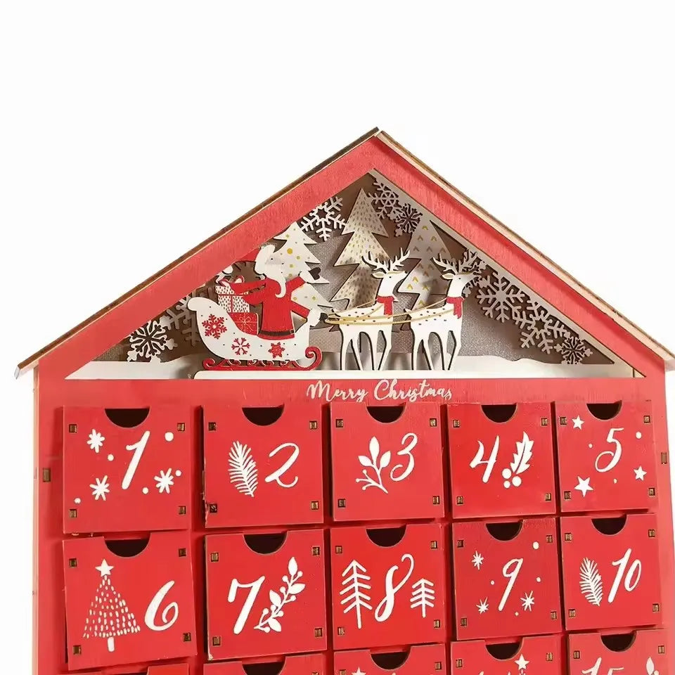 Wooden Christmas Advent Calendar – 24 Drawer Village House with LED Lights, Refillable DIY Countdown Box, Festive Holiday Decoration.