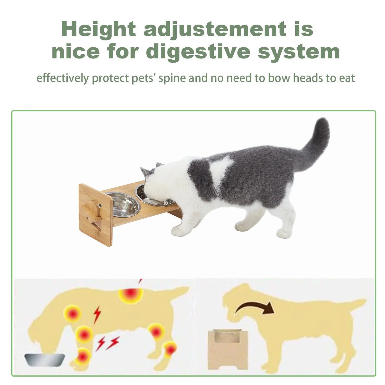 Height‑Adjustable Wooden Raised Cat Bowls – Bamboo Stand with Stainless Steel Dishes.