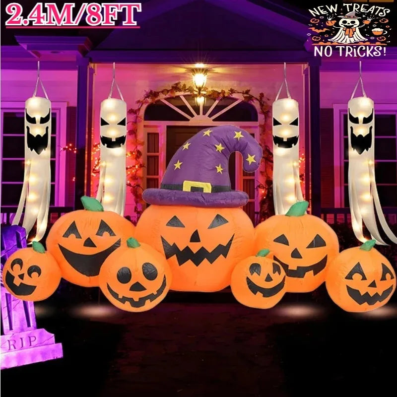 8FT Outdoor Halloween Inflatable Decoration – Pumpkin Model with LED Lights, Tombstone Prop for Garden, Yard, and Party Display