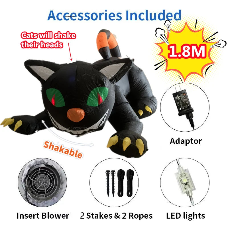 1.8M Giant Halloween Inflatable Black Cat with Shaking Head & LED Lights – Outdoor Lawn Decoration for Haunted House & Party Display