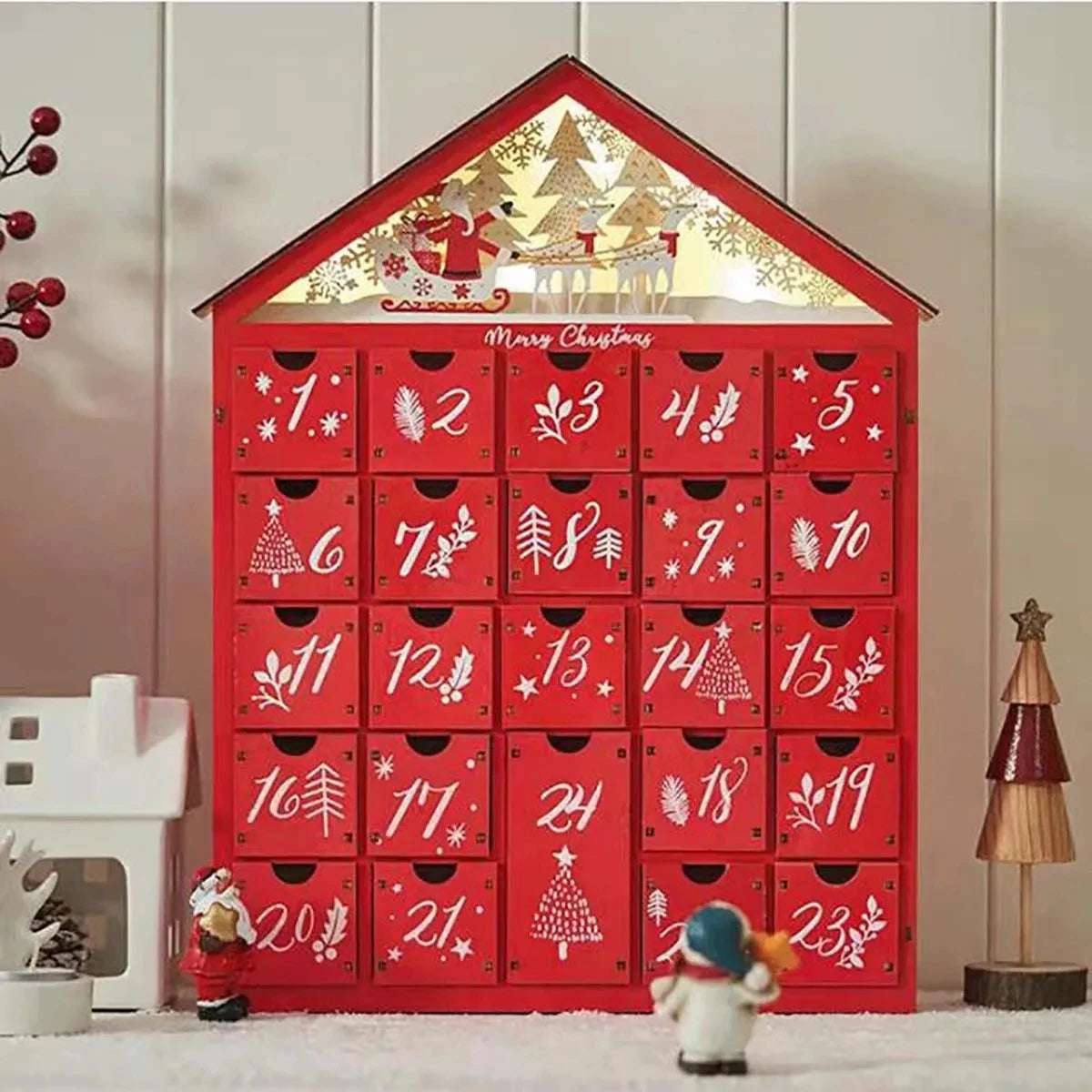 Wooden Christmas Advent Calendar – 24 Drawer Village House with LED Lights, Refillable DIY Countdown Box, Festive Holiday Decoration.