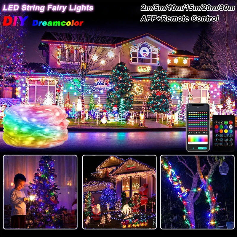 Smart RGBIC LED String Lights with App & Remote – 2–30M Dreamcolor Fairy Lights for Indoor & Outdoor Décor.