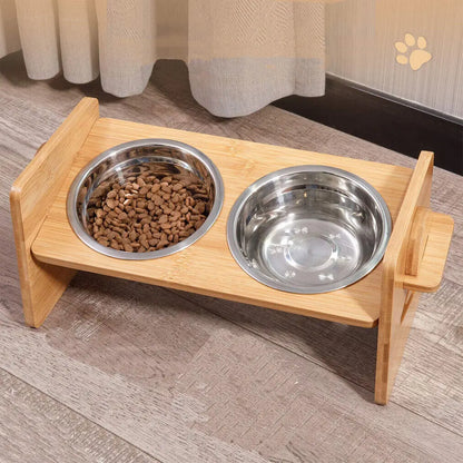 Height‑Adjustable Wooden Raised Cat Bowls – Bamboo Stand with Stainless Steel Dishes.