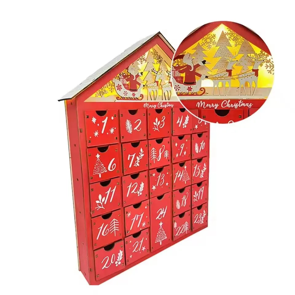 Wooden Christmas Advent Calendar – 24 Drawer Village House with LED Lights, Refillable DIY Countdown Box, Festive Holiday Decoration.
