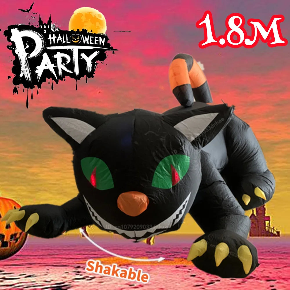 1.8M Giant Halloween Inflatable Black Cat with Shaking Head & LED Lights – Outdoor Lawn Decoration for Haunted House & Party Display