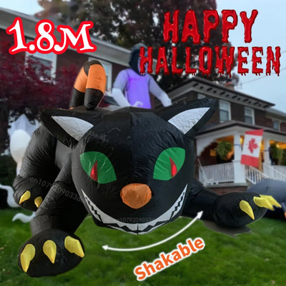 1.8M Giant Halloween Inflatable Black Cat with Shaking Head & LED Lights – Outdoor Lawn Decoration for Haunted House & Party Display