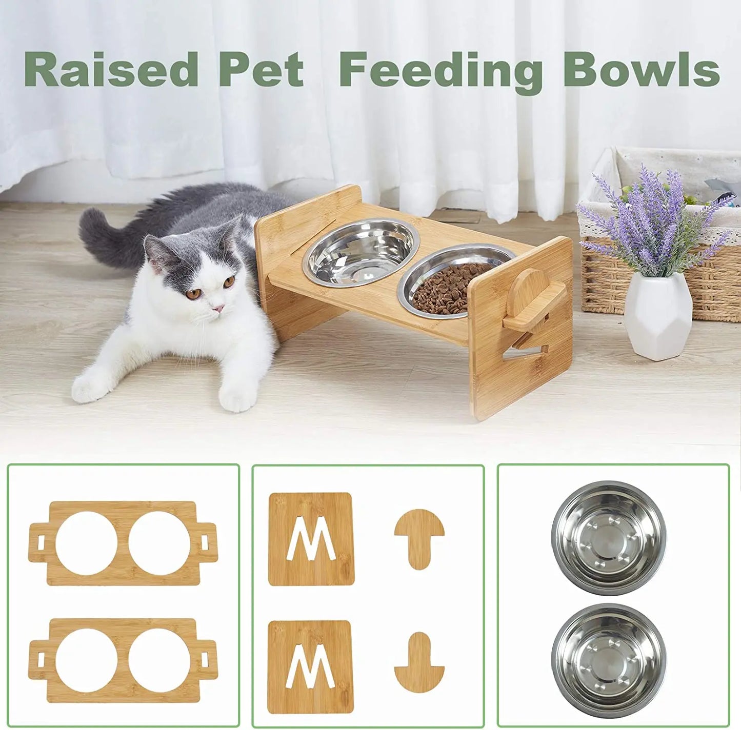 Height‑Adjustable Wooden Raised Cat Bowls – Bamboo Stand with Stainless Steel Dishes.