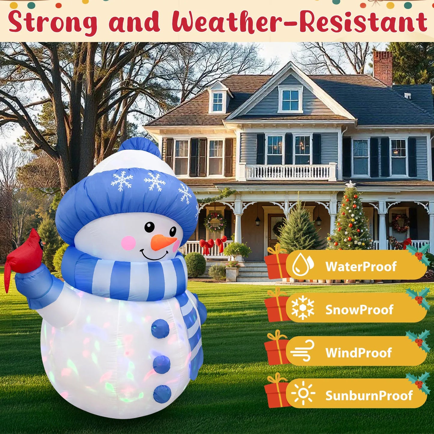 5FT Blue Snowman Christmas Inflatable – Outdoor Decoration with LED Lights & Cardinal Bird Accent.