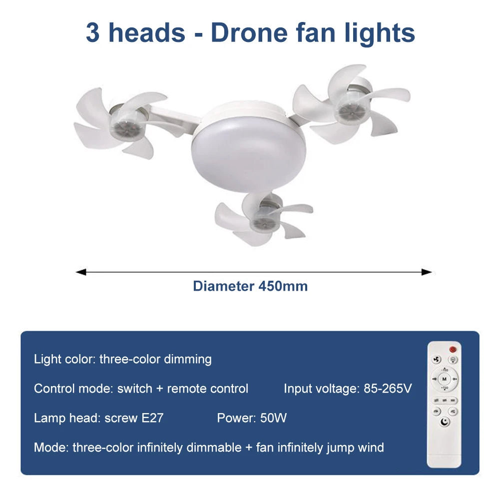 Drone Fan Light E27 Universal Dimming Fan with Remote Control for Home Living Room Bedroom Silent Ceiling Fan Light 50/60W.