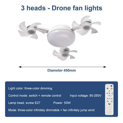 Drone Fan Light E27 Universal Dimming Fan with Remote Control for Home Living Room Bedroom Silent Ceiling Fan Light 50/60W.