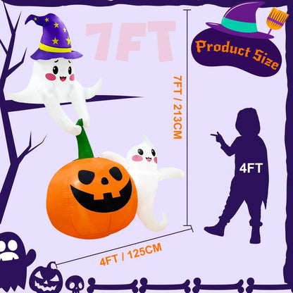 7FT Halloween Inflatable Decoration – Ghost and Pumpkin Scene with LED Lights for Outdoor and Indoor Yard, Roof, and Party Display