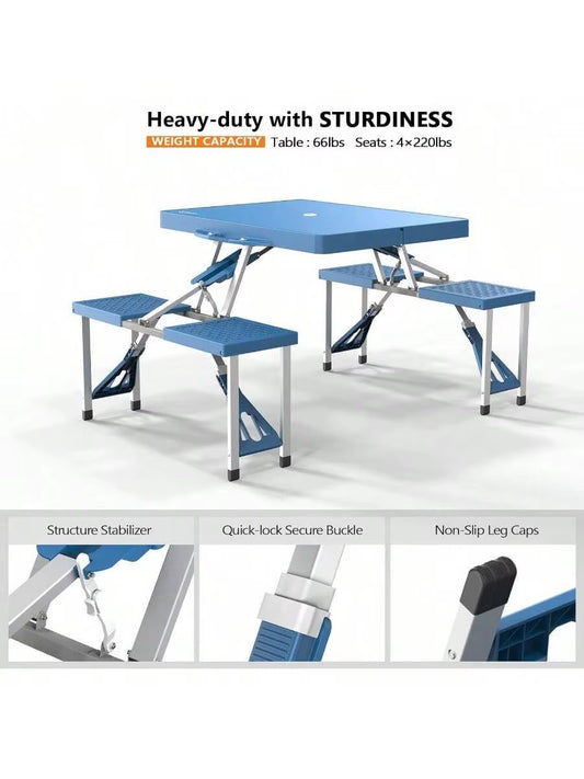 VINGLI 4 Ft Camping Picnic Table Set with built-in seats, umbrella hole & foldable suitcase design. Lightweight, durable & perfect for outdoor gatherings!