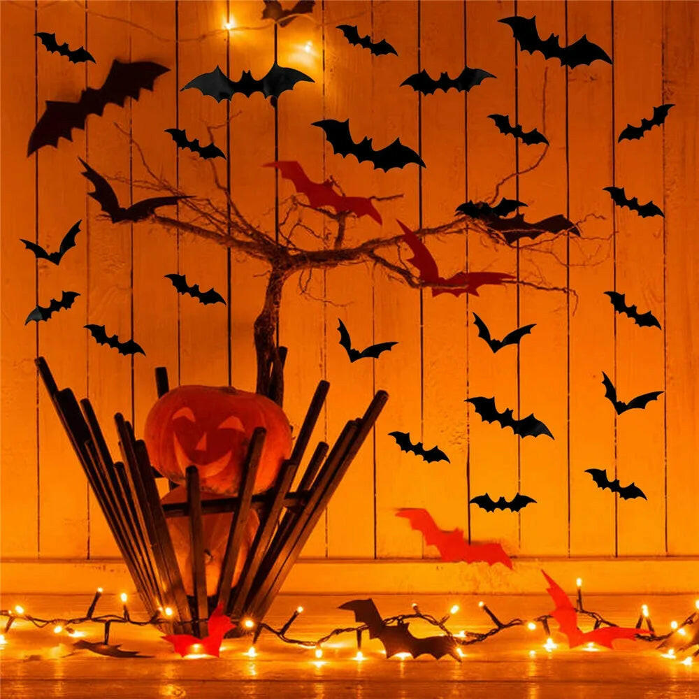 3D Black PVC Bat Wall Stickers – 24/48-Piece Halloween Set for DIY Haunted Decor