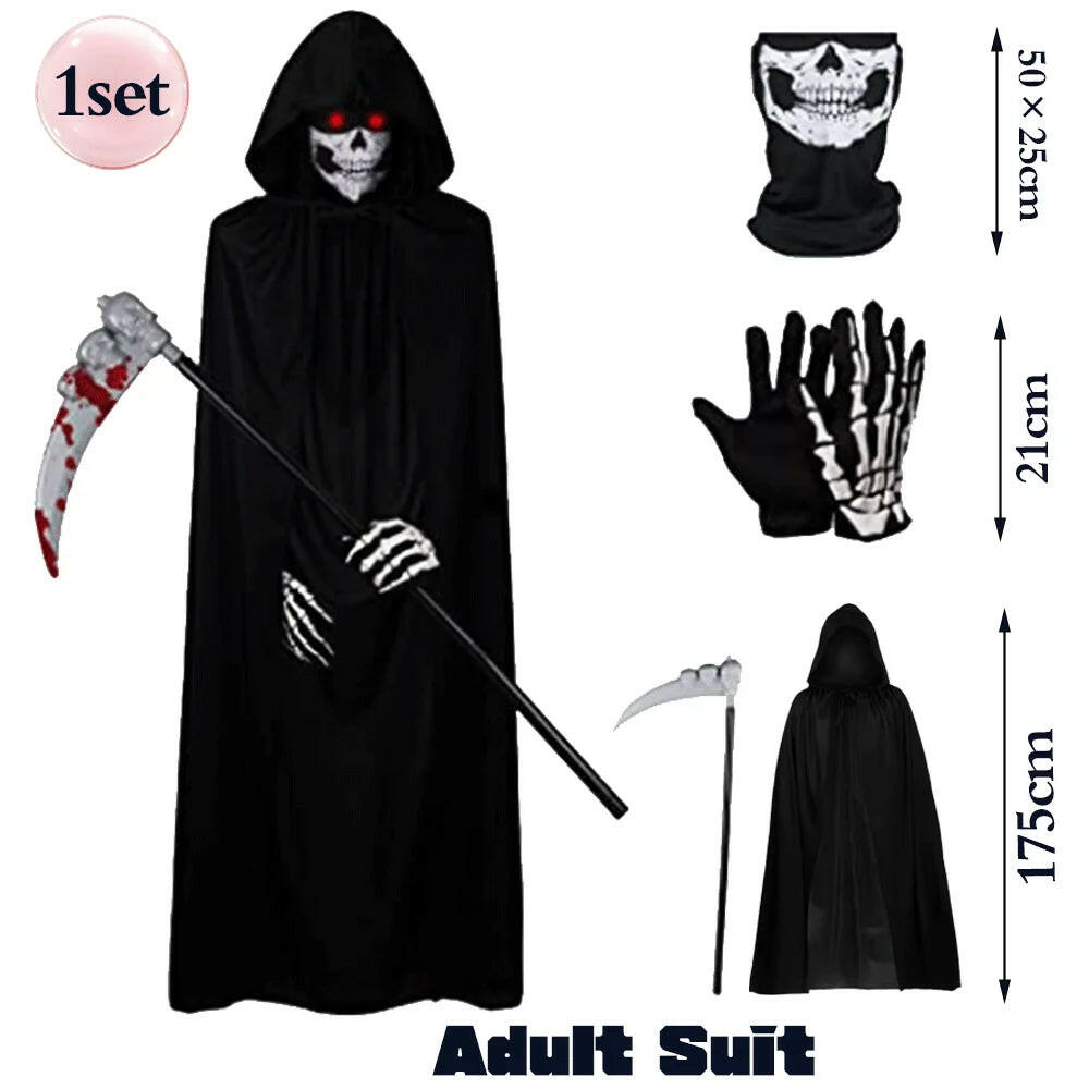 Unleash the Spooktacular! 🎃👻 Get your Scary Ghost Reaper Costume Set – Perfect for adults & kids! Hooded cape, skull mask, gloves, and scythe included! 🖤⚰️ #HalloweenVibes #SpookySeason