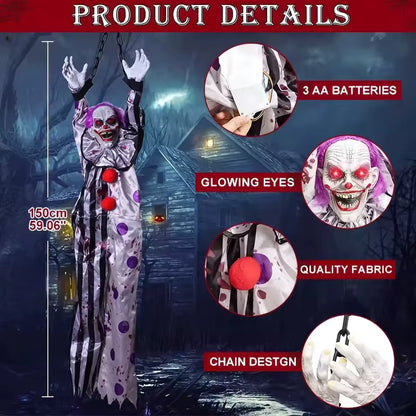 Electric Voice‑Activated Hanging Ghost Clown – Animated Halloween Prop with LED Eyes, Sound & Motion – Scary Haunted House, Porch, Tree & Party Decoration