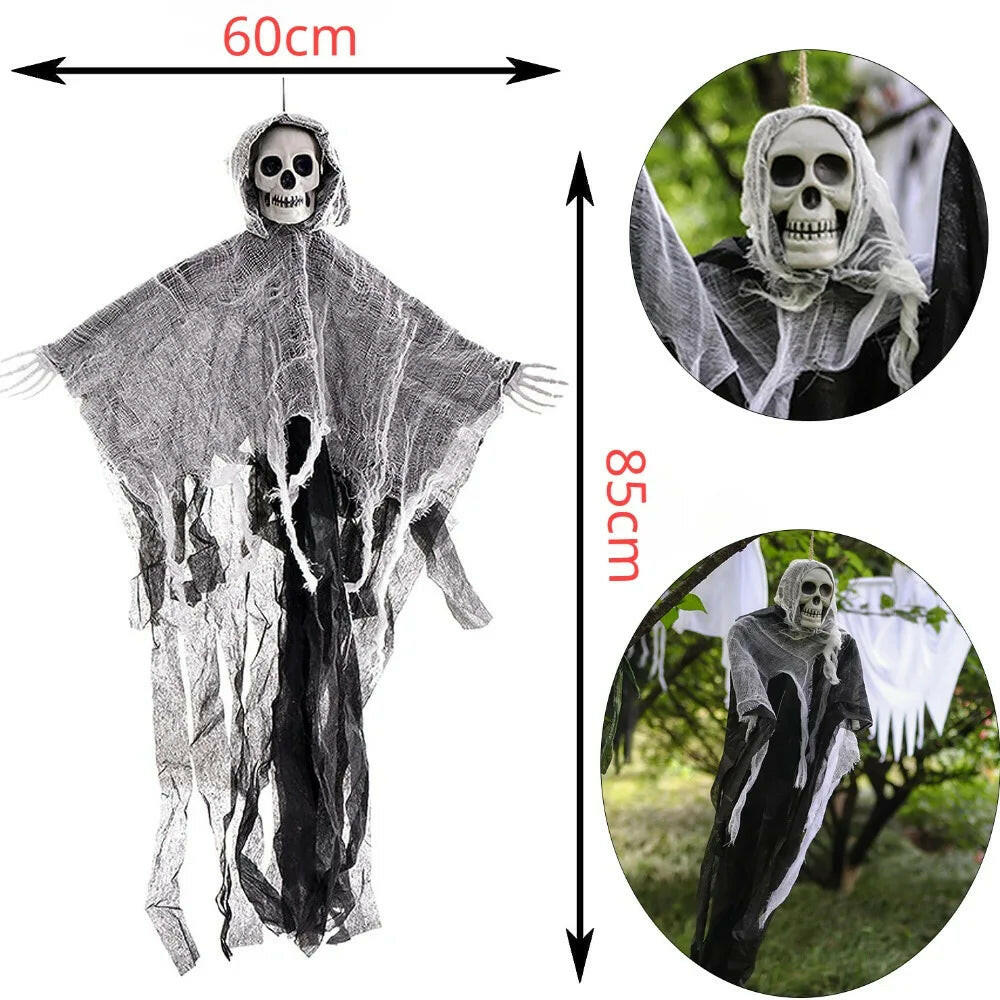 2025 Hanging Skull Ghost – Adjustable Arms & Wind-Tattered Fabric for Haunted House & Outdoor Halloween Decor (60×85cm)