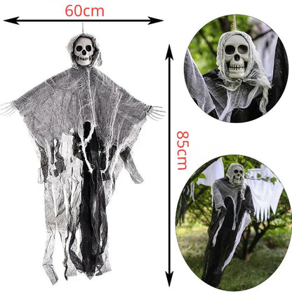2025 Hanging Skull Ghost – Adjustable Arms & Wind-Tattered Fabric for Haunted House & Outdoor Halloween Decor (60×85cm)