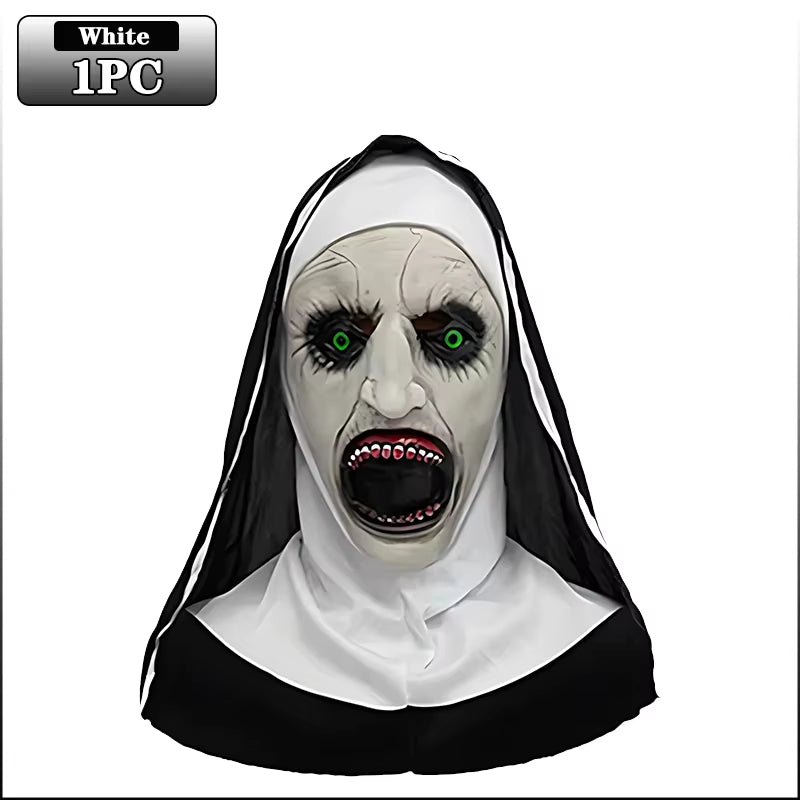 Screaming Nun Horror Masks – White Scare Face Costume Props for Halloween Parties and Cosplay