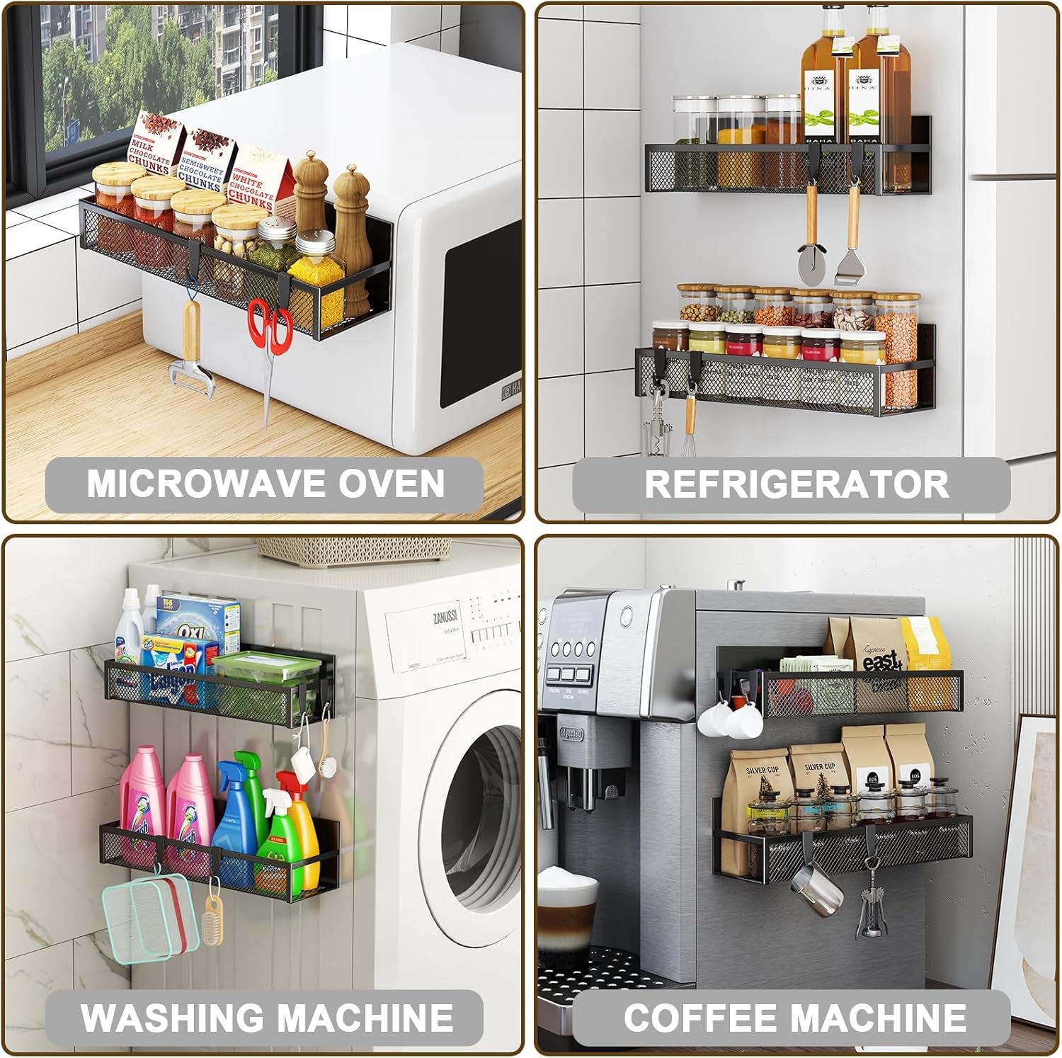 Magnetic Spice Rack for Refrigerator – 2-Pack Heavy-Duty Fridge Organizer Shelves with Removable Hooks for Kitchen and Laundry Storage