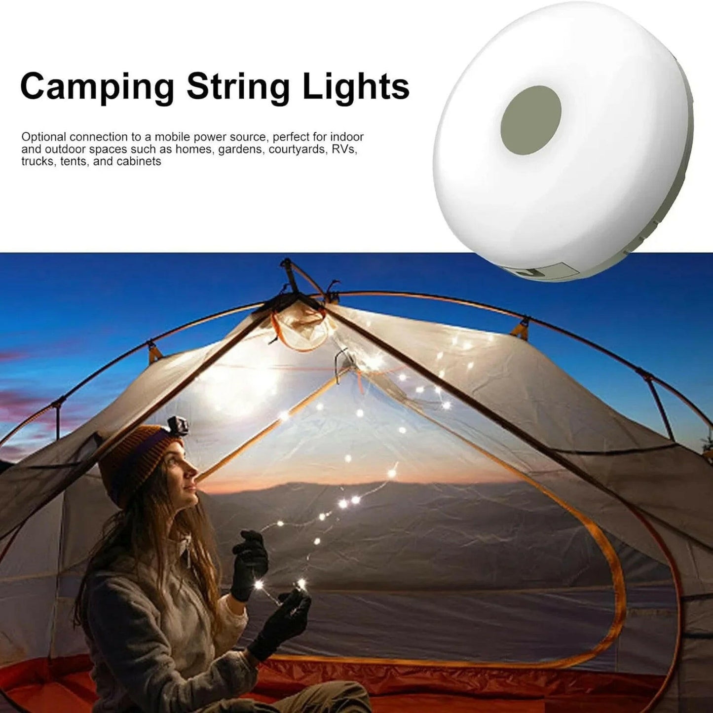 Camping String Lights 2 In1 Outdoor Waterproof Portable Stowable String Light with Lighting Modes USB Camping Lights for Hiking.