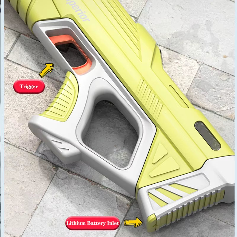 Electric water gun with rechargeable lithium battery & 8–10m range. 43cm long blaster with quick refilling, waterproof design & up to 200 shots per charge