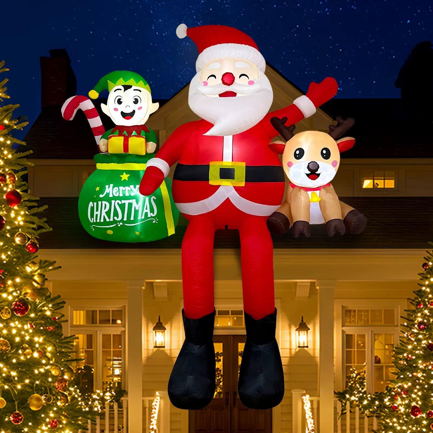 8FT Sitting Santa Inflatable – LED Christmas Display with Elves & Reindeer.