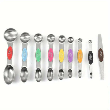 Premium Stainless Steel Measuring Spoons Set: 8 Double-Sided Magnetic Spoons & 1 Level for Perfect Dry Ingredient Measurement