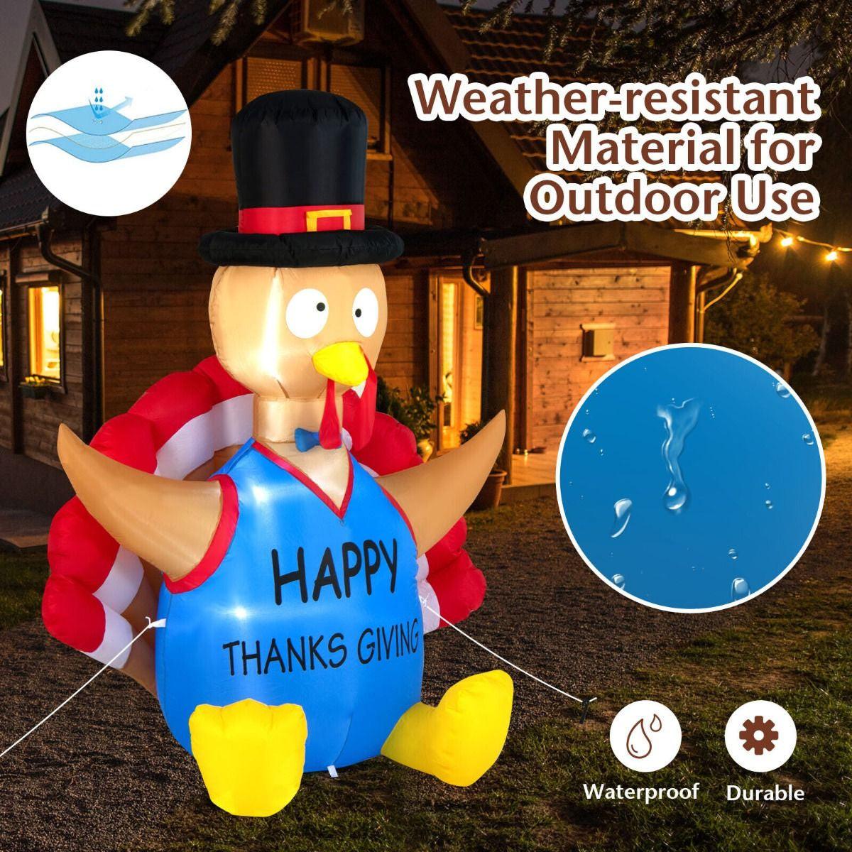 6FT Thanksgiving Inflatable Turkey – LED-Lit Outdoor Decoration with Built-In Fan | Waterproof Polyester, Self-Inflating.