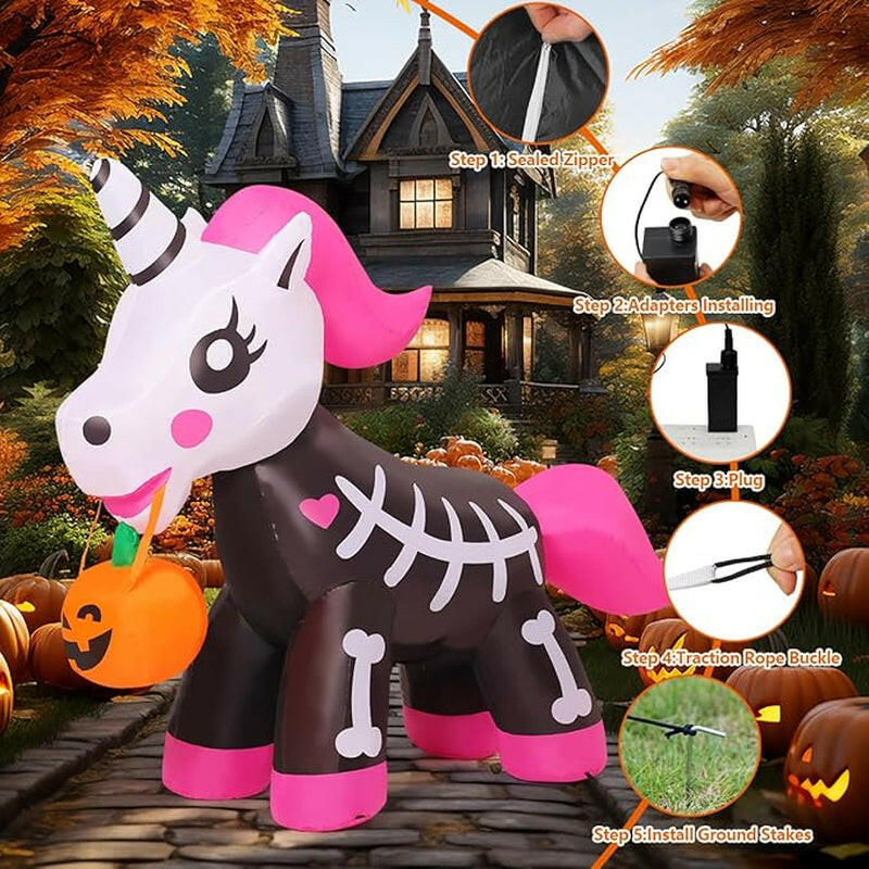 5FT Inflatable Skeleton Unicorn – LED Halloween Blow-Up Decoration for Garden, Lawn, and Indoor Displays