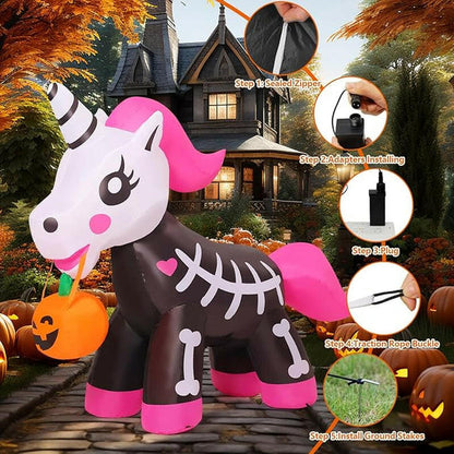 5FT Inflatable Skeleton Unicorn – LED Halloween Blow-Up Decoration for Garden, Lawn, and Indoor Displays