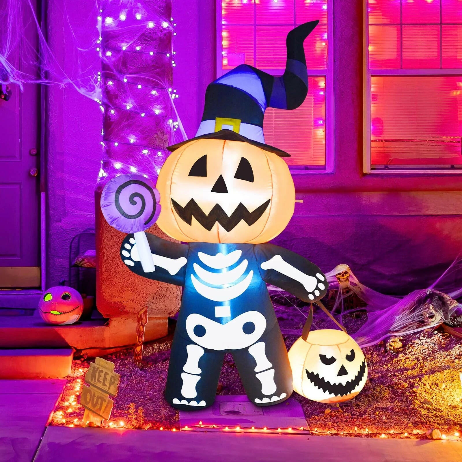 6FT Inflatable Halloween Pumpkin with Skull Body – LED Blow-Up Decoration for Garden, Lawn, and Indoor Displays
