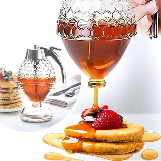 Honey Pourer Dispenser with Stand and Storage Jar for Juices and Syrups.