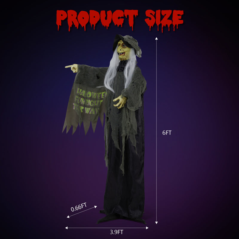 6Ft Voice‑Activated Standing Witch Halloween Decoration – LED Red Eyes, Sound, Vibration and Motion Sensor – Indoor/Outdoor Animatronic Prop – Battery Operated