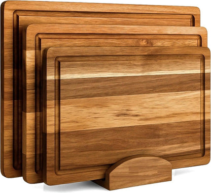 Acacia Wood Cutting Board Set – 3-Piece with Holder, Non-Slip Pads & Juice Grooves.