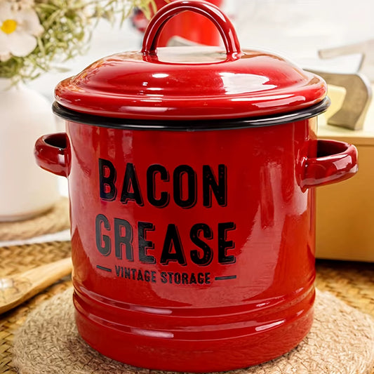 Vintage enamel grease container with secure lid & large capacity. Perfect for oil storage, rustic kitchen décor & farmhouse charm! Durable, easy to clean & stylish.
