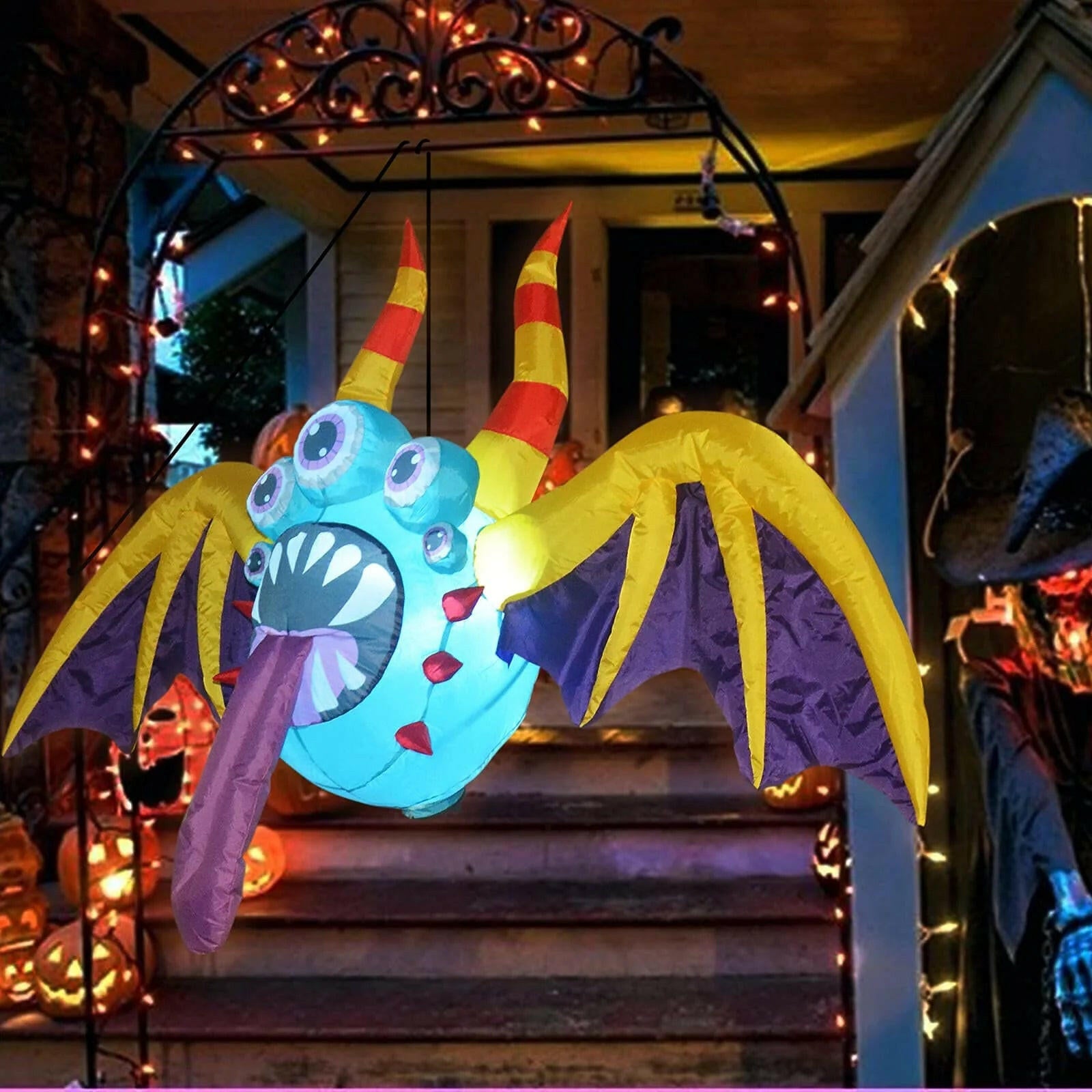 4.4FT Inflatable Halloween Hanging Bat with Giant Wings & Five Eyes – LED Blow-Up Decoration for Garden, Porch, and Party Displays