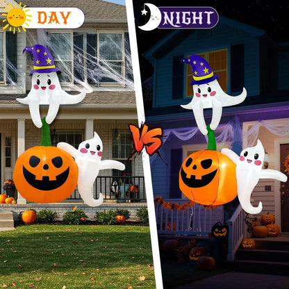 7FT Halloween Inflatable Decoration – Ghost and Pumpkin Scene with LED Lights for Outdoor and Indoor Yard, Roof, and Party Display