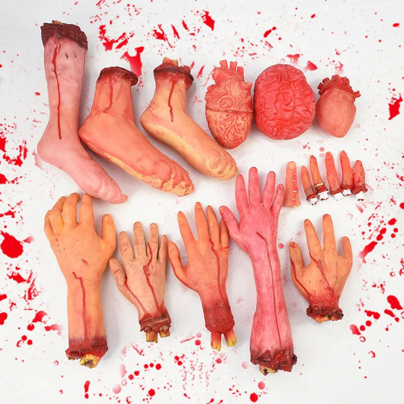 Horror Halloween Rubber Body Part Props – Fake Hands, Legs, Hearts & Brains for Haunted House & Party Decor