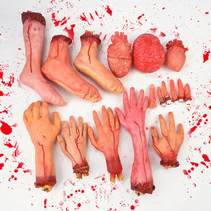 Horror Halloween Rubber Body Part Props – Fake Hands, Legs, Hearts & Brains for Haunted House & Party Decor