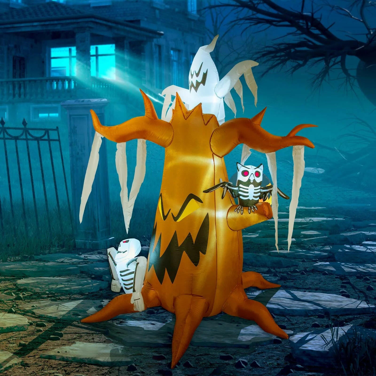 8.3FT Inflatable Halloween Dead Tree with White Ghost and Owl – LED Blow-Up Decoration for Garden, Lawn, and Party Displays