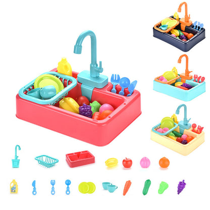 Children’s simulated kitchen sink toy with electric water pump, safe ABS material, and accessories.