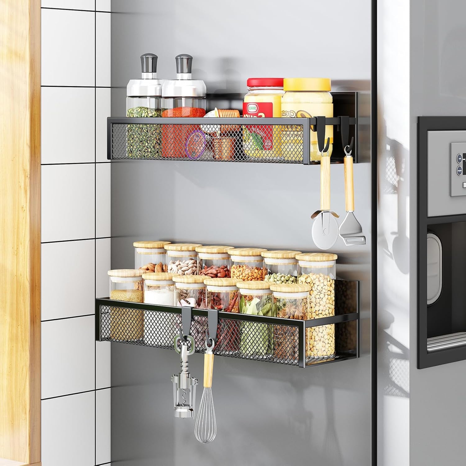 Magnetic Spice Rack for Refrigerator – 2-Pack Heavy-Duty Fridge Organizer Shelves with Removable Hooks for Kitchen and Laundry Storage