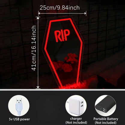 Coffin RIP Neon Mirror Sign – USB-Powered Gothic LED Light for Halloween, Bedroom & Bar Decor