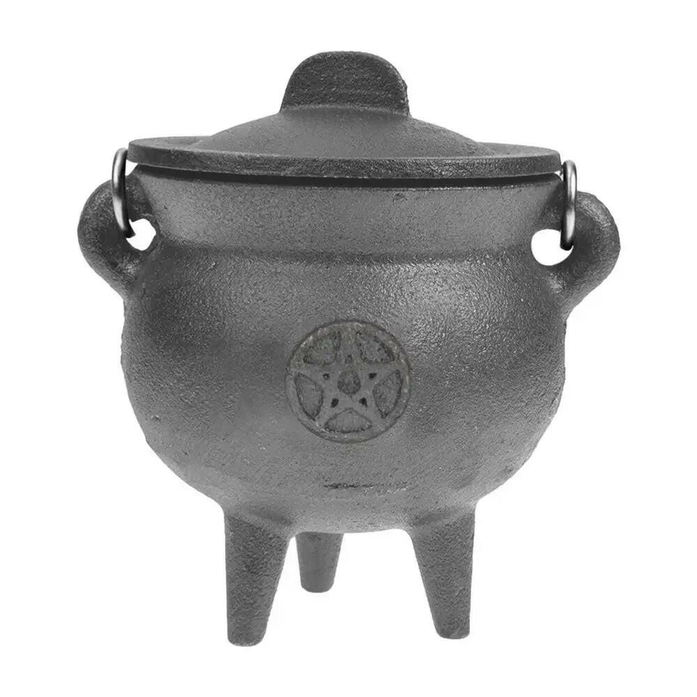 Cast Iron Witch’s Cauldron with Lid & Handle – Ritual Pot for Halloween Decor, Incense & Offerings
