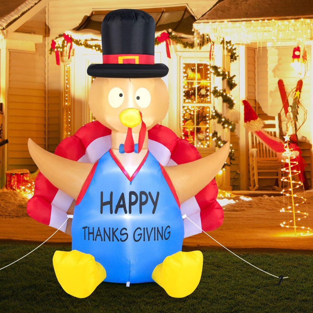 6FT Thanksgiving Inflatable Turkey – LED-Lit Outdoor Decoration with Built-In Fan | Waterproof Polyester, Self-Inflating.