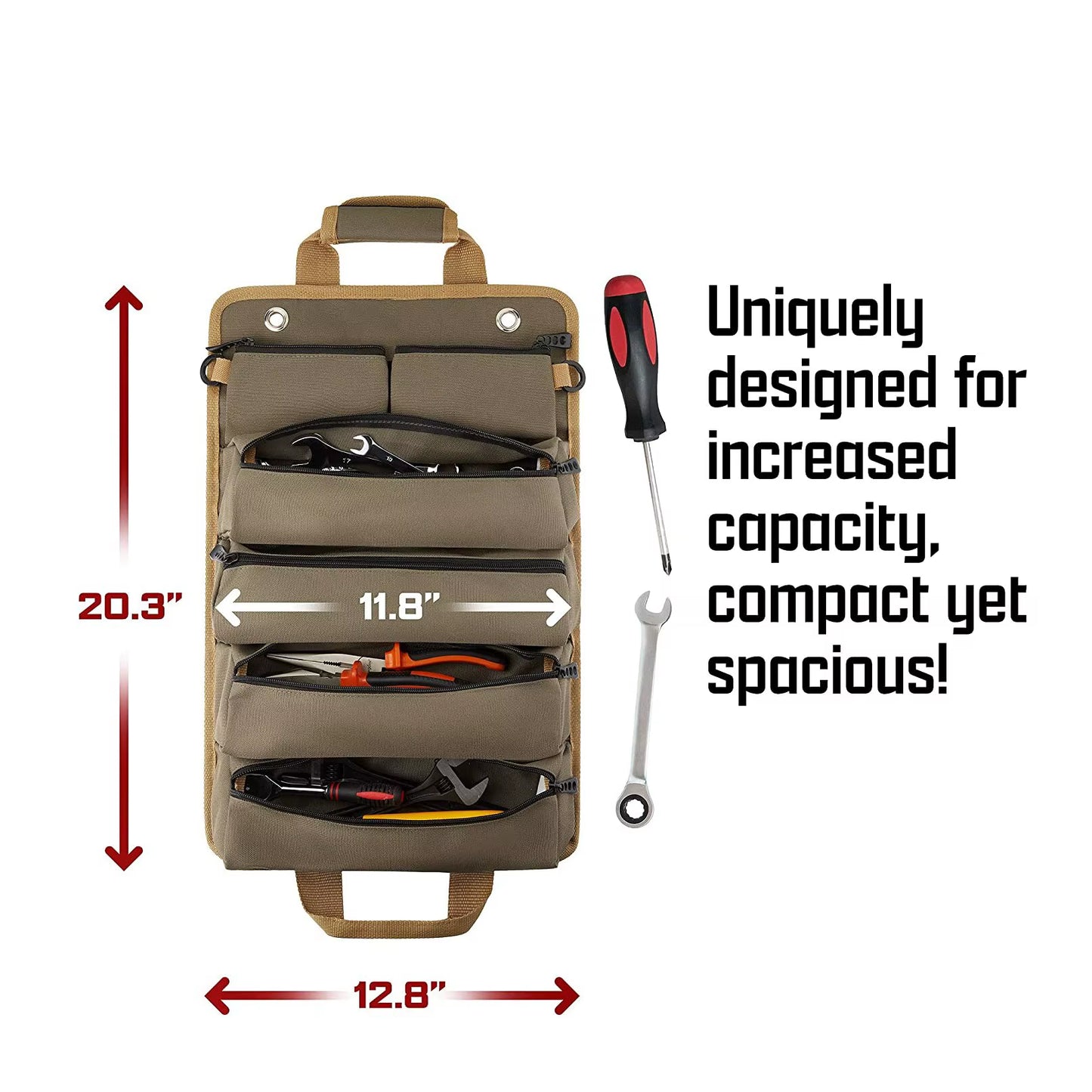 Heavy-duty roll-up tool bag with 900D Oxford cloth for durability. Compact, portable & perfect for home, garage & professional use. Keep tools organised today!